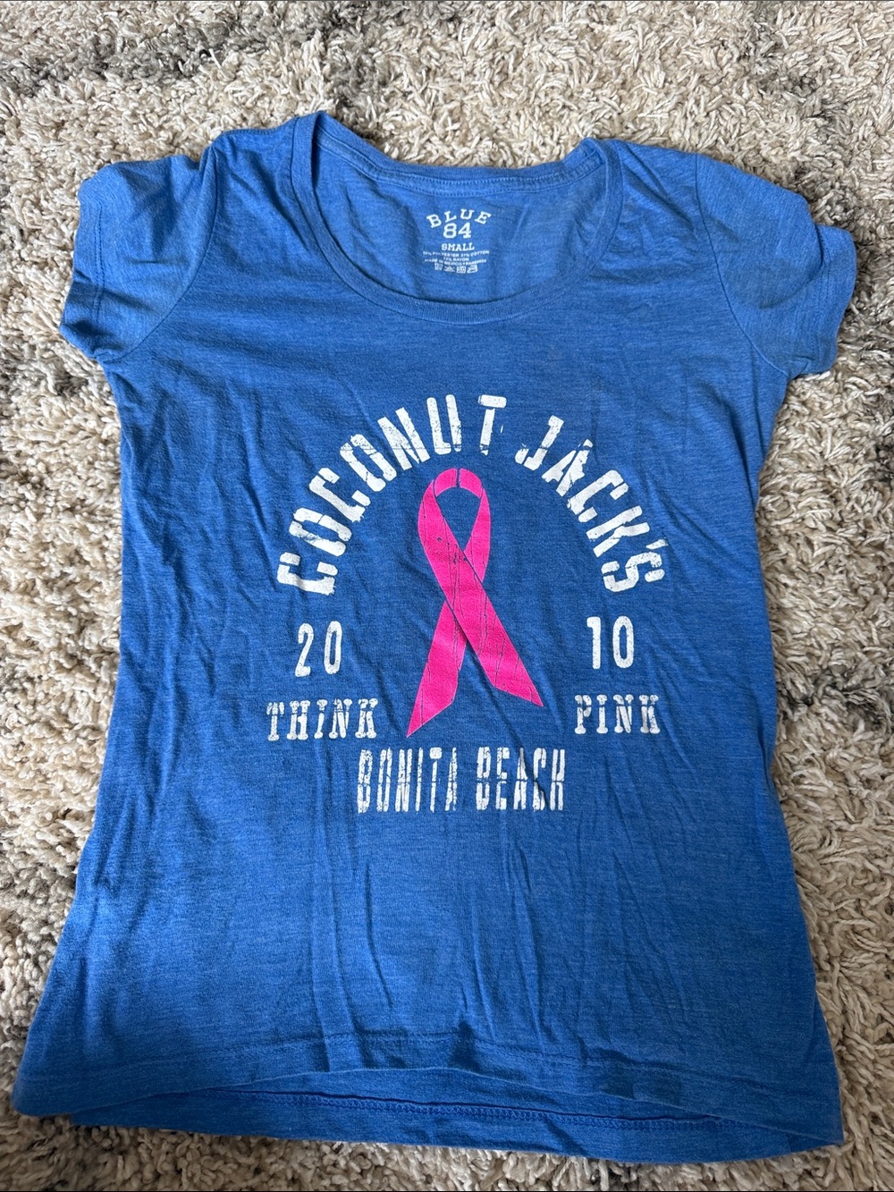 Blue 84 Heather Blue Tee with Pink Awareness Ribbon